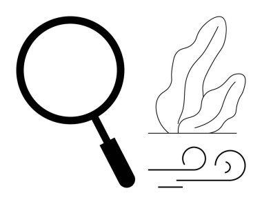 Soyut bitki ve rüzgar elementlerinin yanında en az siyah çizgi biçiminde büyüteç. Keşif, analiz, doğa odaklanma, çevre temaları, bilim, eğitim, basit iniş sayfası için ideal
