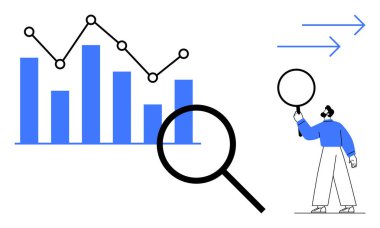 Çizgi çizelgesi olan çubuk grafik, büyüteç, büyüteç tutan kişi, yön okları. Analiz, büyüme, ilerleme, istatistik, iş stratejisi veri araştırması için ideal