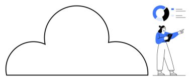 Tablet tutan ve bulut anahatlarının yakınındaki veri analizlerine işaret eden bir kadın. Bulut hesaplama, veri analizi, bilişim, uzaktan çalışma, yazılım, yenilik, basit iniş sayfası için ideal