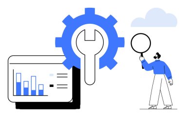 İngiliz anahtarlı soyut teçhizat, veri çubukları içeren çizelge ve karakter çalışma konsepti. Analiz, strateji, problem çözme, teknoloji, takım çalışması, yenilik için ideal basit iniş sayfası