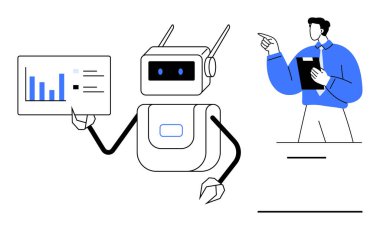 Robot ekranı analitikle tutuyor, bir profesyonelle bağlantı kuruyor ve panoyu doğrultuyor. Yapay zeka, otomasyon, takım çalışması, teknoloji, yenilik, eğitim için ideal