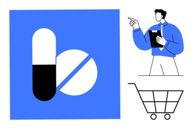 Kapsül ve tablet, elinde not panosu olan sağlık hizmetleri odaklı adamın danışmanlık veya tavsiyesini temsil ediyor. Araba online eczaneyi vurguluyor. Sağlık, e-ticaret, teletıp, dijital eczane için ideal