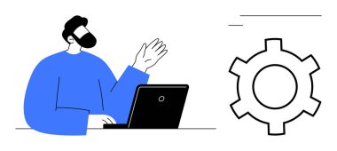 Dizüstü bilgisayarın yanında profesyonel hareketler, işbirliği ve stratejiyi gösteren büyük dişliler. İş için ideal, üretkenlik, takım çalışması, liderlik, iş akışı, çevrimiçi öğrenme, basit iniş sayfası