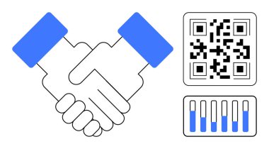 Ortaklığı tasvir eden tokalaşma, teknolojiyi sembolize eden QR kodu ve veri analizini temsil eden çubuk grafik. Teknoloji, iş dünyası, takım çalışması, veri ölçümleri, yenilik, pazarlama ve basit için ideal