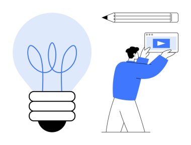 Yaratıcılığı, öğrenmeyi ve fikirleri temsil eden ampul ve kalemin yanında medya ekranını oyun ikonu ile tutan adam. Eğitim, yenilik, ilham, tasarım, içerik oluşturma için ideal