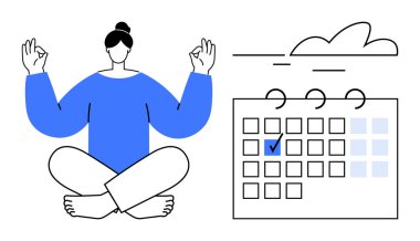 Rahat yoga pozunda oturan bir kadın, işaretli tarihli bir takvim ve yüzen bir bulut. Farkındalık, zaman yönetimi, planlama, akıl sağlığı, verimlilik, refah ve denge için idealdir.