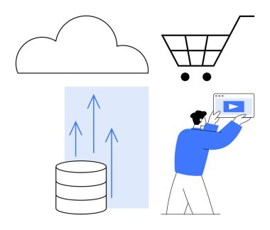 Bulut simgesi, yukarı doğru oklu veritabanı, alışveriş arabası, video oyunu seçenekli tablet tutan adam. Teknoloji, bulut çözümleri, veri depolama, e-ticaret, dijital pazarlama çevrimiçi araçları için ideal
