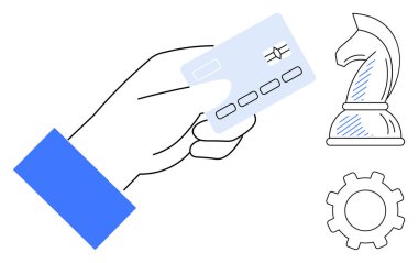 Satranç şövalyesi ve teçhizat eşliğinde basitleştirilmiş el ele tutuşma kartı stratejik karar verme, mali yönetim, ödeme işleme ve optimizasyonu temsil ediyor. Bankacılık için ideal