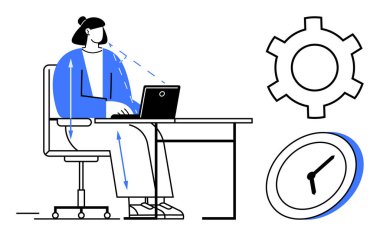 Masada çalışan biri dizüstü bilgisayar kullanıyor. Etrafı saat ve teçhizatla çevrili. Üretkenlik, iş hayatı dengesi, zaman yönetimi, uzak çalışma, verimlilik, ergonomik, basit iniş sayfası için ideal