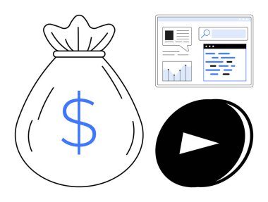 Dolar işaretli para çantası, grafikli analitik pencere, mesaj ve oyun düğmesi. Finans, teknoloji, pazarlama, strateji, yatırım büyümesi için ideal basit iniş sayfası