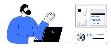 Erkek profesyonel jestler dizüstü bilgisayarda, web tablolarını, arama çubuklarını ve Bitcoin bilgilerini gösteriyor. Finans, kripto para birimi, veri analizi, fintech, dijital para eğitimi ve basit bir