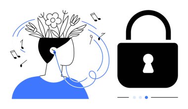 Kafasından filizlenen bitkilerle soyut bir insan bir kilit sembolünün yanında kulaklıkla müzik dinliyor. Yaratıcılık, farkındalık, zihinsel sağlık, müzik terapisi, koruma, kişisel gelişim için ideal