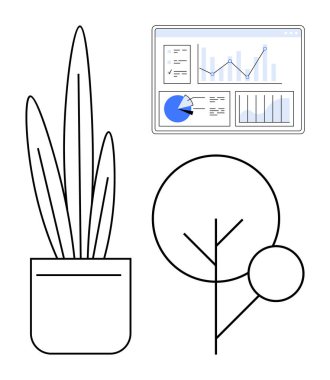 Temiz çizgi sanatında saksı bitkisi ve ağaç turta grafikleri, grafikler ve görsel verilerle birlikte bir veri panelinin yanında. Sürdürülebilirlik, üretkenlik, analitik, eko-dostluk, büyüme, veri için ideal