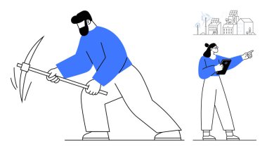 Mühendis, sürdürülebilir enerji ve şehir manzarasına işaret ederek tablet üzerindeki verileri incelerken, madenci kazmayla çalışıyor. Çalışma, takım çalışması, yenilenebilir enerji, mühendislik, inşaat ve teknoloji için ideal