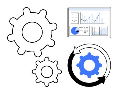 Veri analiz paneli ve süreç gelişimini gösteren dairesel oklarla çeşitli boyutlarda dişliler eşleştirildi. Takım çalışması, analitik, geliştirme, strateji, iş akışı, verimlilik için ideal