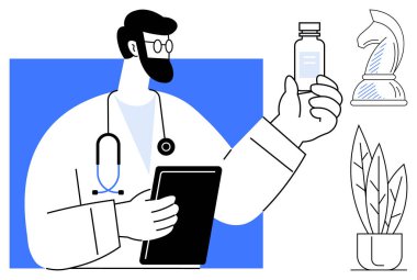 Doktor elinde tablet ve ilaç şişesi tutuyor. Satranç şövalyesi, bitki stratejiyi, büyümeyi sembolize eder. Sağlık, tıp, profesyonellik, karar verme stratejisi danışmanlığı için idealdir. Düz