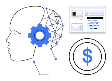 Bağlı hatları ve teçhizatı olan insan kafası, analitik arayüzü ve para sembolü. Yapay zeka, veri bilimi, finans, yenilik, teknoloji, iş stratejisi için ideal basit iniş sayfası