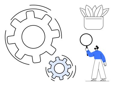 Hareket halindeki dişliler, bir çember ve saksı bitkisi tutan bir insanla eşleşen yenilik ve büyümeyi simgeler. Üretkenlik, takım çalışması, mekanik, strateji, organizasyon, yaratıcılık için ideal, basit