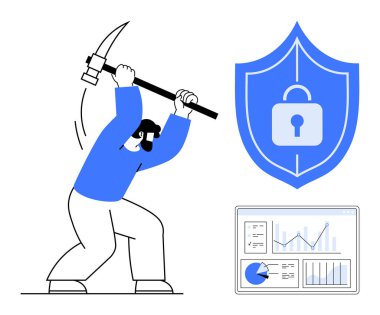 Hacker, analitik gösterge panelinin yanında elinde haritalarla büyük bir güvenlik kalkanında kazma sallıyor. Siber güvenlik, dolandırıcılık önleme, veri koruması, dijital güvenlik, hackleme riskleri, bilişim farkındalığı için ideal