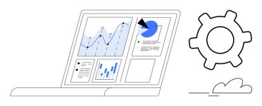 Analitik gösterge panelinde veri grafikleri, pasta grafiği ve yanında bir vitesle dizüstü bilgisayar ekranında raporlar var. Veri analizi, iş stratejisi, yazılım ayarları, planlama ve yönetim araçları için ideal