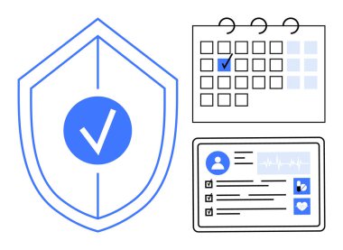 İşaretli bir kalkan, işaretli bir gün için takvim ve kullanıcı verisi olan bir sağlık kayıt paneli. Sağlık, siber güvenlik, veri koruması, planlama ve güvenilirlik için ideal. Düz