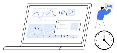 Grafikleri, grafikleri ve etkileşimli arayüzü gösteren dizüstü bilgisayar. Saatin yanında içerik sunan bir adam. Analiz, veri görselleştirme, takım çalışması, verimlilik, üretkenlik sunumu için ideal basit