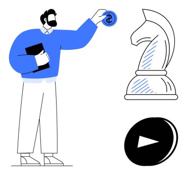 Elinde kitap tutan adam, satranç şövalyesinin yanına para yerleştiren ve oyun rozeti takan adam. Strateji, yatırım, planlama, iş vizyonu, karar verme, finansal hedefler liderliği için ideal. Düz basit