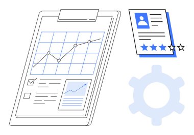 Çizelge dolu pano, işlemler için ekipman ve yıldız profili değerlendirmesi. Analiz, performans, iyileştirme, yönetim, operasyon geribildirim verimliliği için ideal. Düz basit metafor