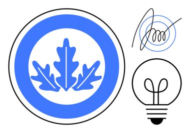 Mavi meşe yaprağı rozeti, siyah ampul çizimi, spiral sanat yeniliği çağrıştırıyor, çevresel farkındalık ve markalaşma. Sürdürülebilirlik, eğitim, yaratıcılık, doğa fikirleri, enerji ekosu tasarımı için ideal