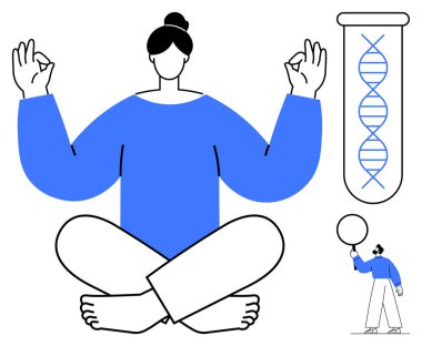Lotus pozunda meditasyon yapan bir kadın, tüpte DNA ipliği, balon tutan bir düşünür. Sağlık, farkındalık, sağlık, yenilik, genetik, iç gözlem ve basit iniş sayfası için ideal