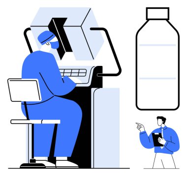 Fabrika işçisi, büyük şişe tutacağının yakınındaki kontrol panelindeki verileri analiz ediyor. Yönetici panoyu tutarken işaret ediyor. Üretim, otomasyon, kalite kontrolü, takım çalışması ve denetim için ideal