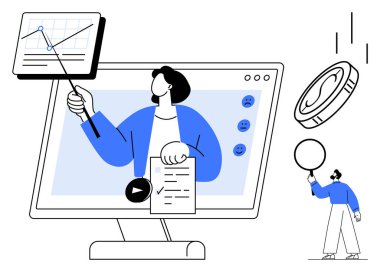 Ekrandaki analitik çizelgesini gösteren dijital antrenör, elinde belge, yazı tura ve balon tutan işbirlikçi. E-öğrenim, veri içgörüleri, takım çalışması, eğitim ve mali büyüme için ideal