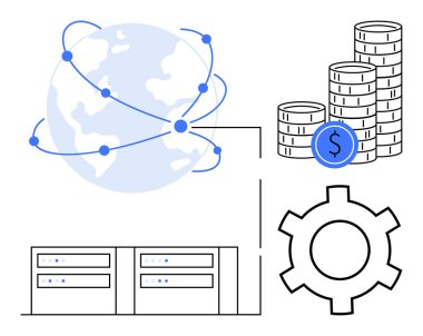 Veri noktaları, sunucu yığınları, büyümeyi simgeleyen bozuk para yığınları ve teknolojiyi temsil eden ekipmanlarla dolu bir dünya. Teknoloji, finans, küreselleşme, yenilik, dijital dönüşüm bulut hizmetleri için ideal
