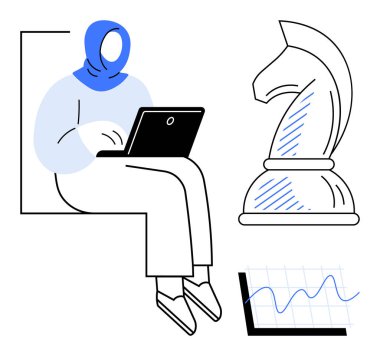 Başörtüsü takan kadın büyük bir satranç şövalyesi ve yükselen veri grafiğinin yanında dizüstü bilgisayarda çalışıyor. Strateji, analiz, yenilik, büyüme, karar verme, planlama ve eğitim için ideal. Düz