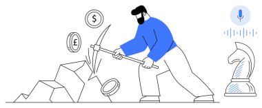 Kazma kullanarak taş ocağı kazan kişi para birimi sembolleri yayıyor dolar ve avroyu işaret ediyor, satranç şövalyesi ve ses simgesi ile birlikte. Finans, strateji, yatırım, teknoloji, planlama için ideal