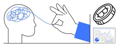 Karışık beyin teli olan insan kafası, el çözme, bozuk para sembolü, veri tabloları. Zihinsel berraklık, çözümler, analitik, finans, verimlilik kararı veren basit bir iniş sayfası için ideal