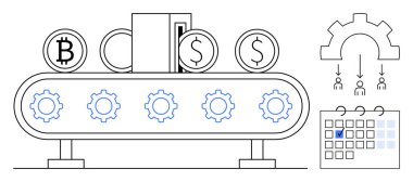 Bitcoin ve dolar paralarını işleme koyan taşıma bandı dişliler, takvim ve dağıtılmış oklarla birlikte. Fintech, otomasyon, verimlilik, verimlilik, lojistik, kriptografi için ideal