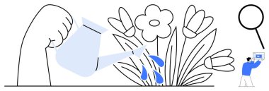 Çiçeklerin üzerine su dökmek büyümeyi, bakımı ve bakımı sembolize eder. Büyüteç ve dizüstü bilgisayar kullanan küçük bir figür araştırma ve hassasiyeti vurguluyor. Büyüme, takım çalışması ve analiz için ideal