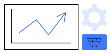 Yukarı ok grafiği, vites ve alışveriş arabası gelişimi, yeniliği ve pazar büyümesini ön plana çıkarıyor. Ticari, e-ticaret, analitik, stratejik dijital dönüşüm optimizasyonu pazarlama için ideal