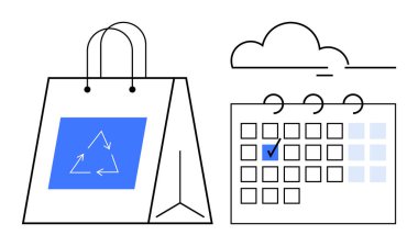Bulutun altındaki bir görev ile işaretlenmiş takvimin yanında geri dönüşüm okları bulunan tekrar kullanılabilir bir alışveriş çantası. Sürdürülebilirlik, planlama, eko-bilinç, zaman yönetimi, olaylar, hatırlatıcılar için ideal