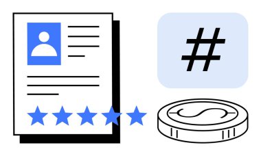 Avatar, yıldızlar, meta veri etiketli profil kartı ve çevrimiçi varlık, markalaşma, reyting, sosyal ağ, pazarlama dijital etkisi ve kullanıcı deneyimini vurgulayan madeni para. Damgalamak için ideal