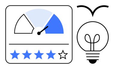 Derecelendirme metresi, ölçekte ok, aşağıda bir sıra mavi yıldız ve parlak fikirler. Geri bildirim, performans, yenilik, motivasyon, yaratıcılık değerlendirmesi için idealdir. Düz basit