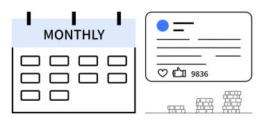 Aylık genel değerlendirmeli takvim, baş parmaklı sosyal medya iletisi ve angajman ölçümleri, mali ilerlemeyi temsil eden birikmiş paralar. Organizasyon, planlama, sosyal medya ve finans için ideal