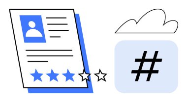 Kullanıcı bilgilerini içeren profil sayfası ve yıldız derecesi bir üstveri etiketi ve bulutun yanında. Kişisel markalaşma, sosyal medya, çevrimiçi itibar, ağ oluşturma, dijital iletişim, kullanıcı için ideal