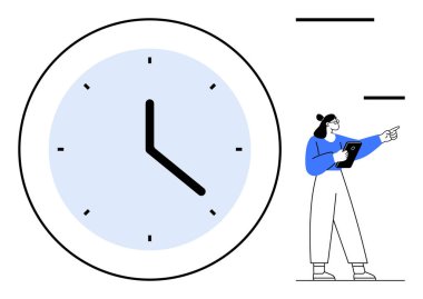 Elinde tablet tutan ve ileri bakan bir kadının yanında koyu siyah elleri olan büyük bir saat. Zaman yönetimi, programlama, üretkenlik, planlama, teslim tarihleri, organizasyon, basit iniş sayfası için ideal