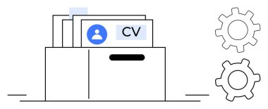 Yönetimi, organizasyonu ve işe alım işlerini temsil eden iki vites ile birlikte bir çekmecede CV yığını. İdeal İK, iş arama, işe alım süreci, organizasyon, beceri geliştirme