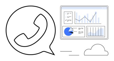 Analitik gösterge paneli, grafikler ve bulut simgesiyle birlikte telefon çağrı simgesi. İletişim, analitik, bulut hesaplama, bağlantı, iş araçları, veri yönetimi sade iniş için ideal