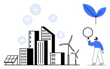 Şehir binaları, rüzgar türbinleri, güneş panelleri, sürdürülebilir ikonlar, yaprak, veri analiz eden insan. Sürdürülebilirlik için ideal, akıllı şehirler, eko-teknoloji yenilenebilir enerji yeşil işletmeleri