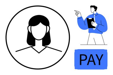 Profil avatarı çemberin içinde, yönetici pano ile işaret ediyor, kalın Ödeme metni. Maaş, İK, yönetim, ödeme sistemleri, istihdam tartışmaları, finans hizmetleri sade metaforu için ideal