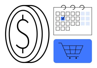 Dolar işareti, işaretli takvim ve alışveriş arabası resimli sikke. Bütçe, zaman yönetimi, e-ticaret, tasarruf, finansal planlama perakende ve tüketici davranışı için ideal. Düz basit